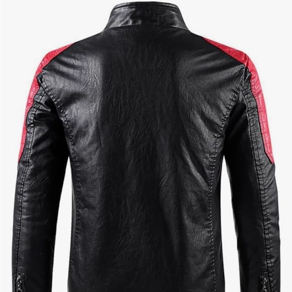MEN’S STAND COLLAR LEATHER JACKET FALL TRENDY COLOR BLOCK BIKER JACKET FULL ZIP - Picture 3 of 7